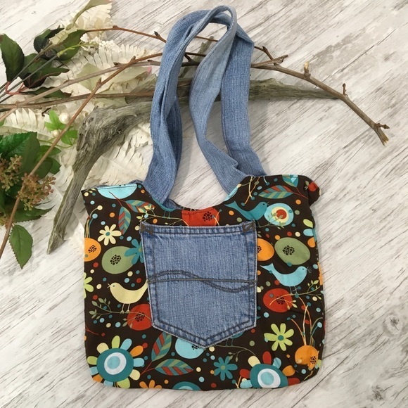 Whimsical Bird Brown Hand Bag Denim Jean Leaf Retro Print Handmade Sewn - Picture 2 of 8